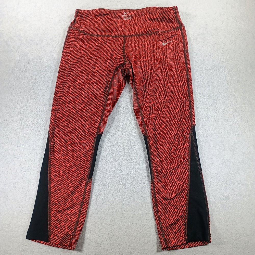Nike Womens Dri-FIT Running Leggings Red Patterned Medium Mesh Panels